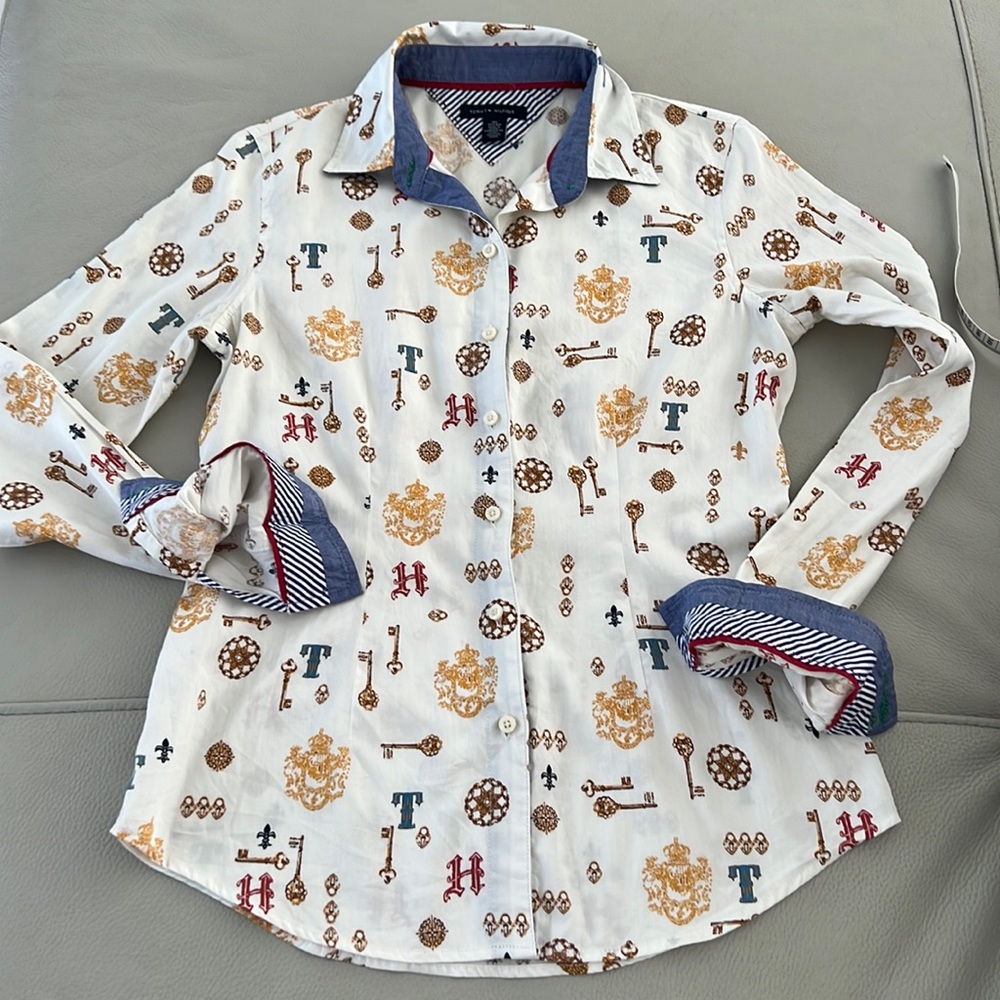 Tommy Hilfiger Button Down Beige Print Womens Blouse/Shirt